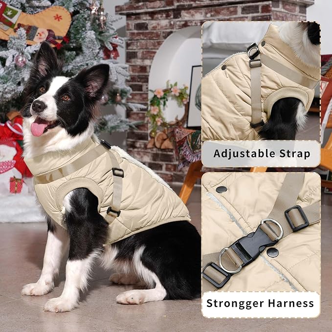 Dog Jacket with Harness,Fleece Lined Warm Puppy Coat for Winter,Soft Windproof Small Dog Vest,Khaki M