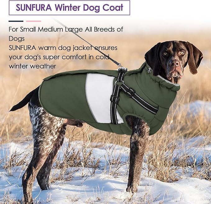 SUNFURA Small Dog Coat with Harness Built in, Warm Dog Jacket Winter with Zipper On Back, Waterproof Pet Snow Jacket Snowsuit Pet Sweater Clothes for Schnauzer, Yorkshire Terrier, Army Green S