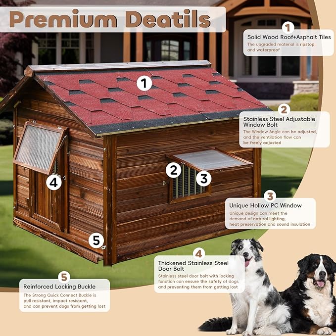 Luxury Pine Wood Dog House Outdoor for Large Breed Dogs with Weatherproof Asphalt Roof,Removable Floor,Lockable Door,Adjust Windows,Dog Kennel Outside Easy to Clean