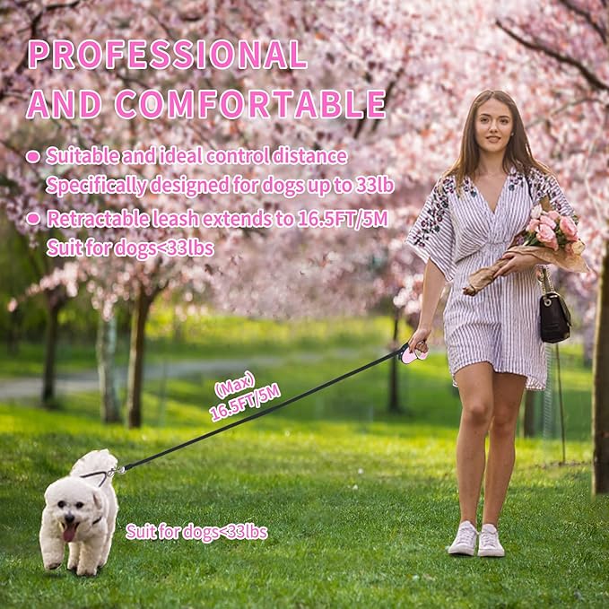 Retractable Dog Leash,[Strong Nylon Tape][One-Handed One Button Lock] for Small Medium Dogs and Cats,16ft Pet Walking Leash with 360°Tangle-Free Design,Anti-Slip Handle,Gift Package (Pink)