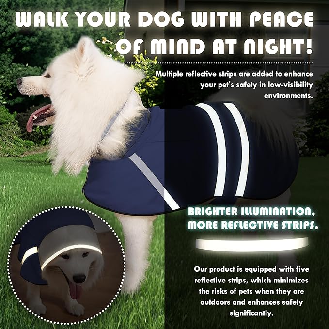 Dog Raincoat, Adjustable Rain Jacket with Hooded Double Layer for Large Medium Small Dogs Puppies, Lightweight Waterproof Rain Coat Poncho with Reflective Stripe Navy,XL