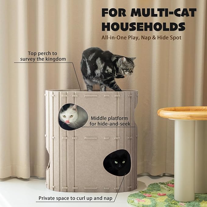 PETKARAY 2-Story Felt Cat House, Large Bed Cave for Indoor Cats, Felt Tunnel Hideaway Condo for Multi-Cat Households, 23.6x22x12 inches, Beige