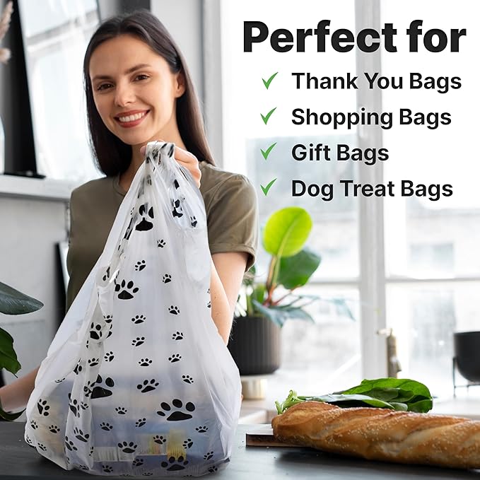 T Shirt Bags - Paw Print Bags - 100 Pack - Thank You Shopping Bag Cat or Dog Paw Print Design Plastic T-Shirt Bag 22" L x 12" W x 7"