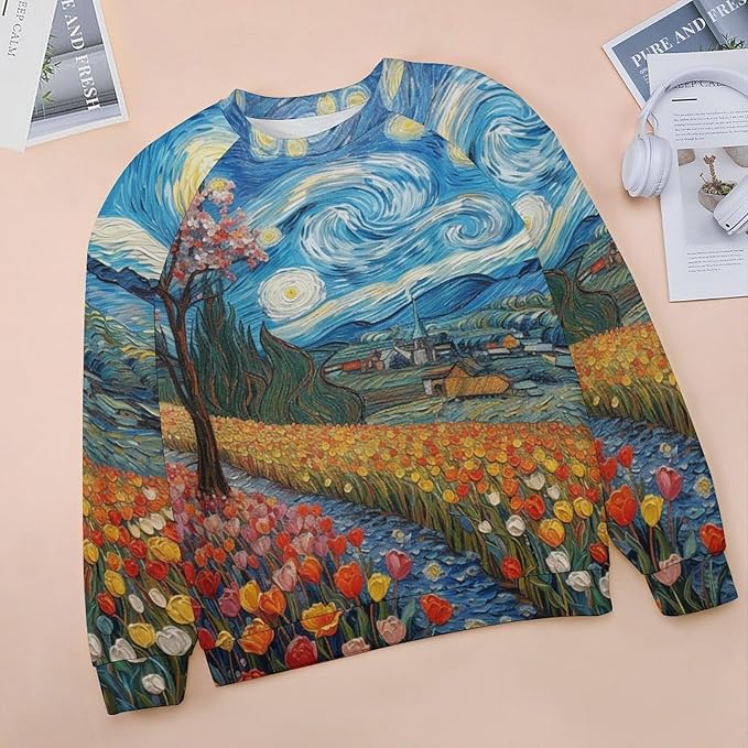 Long Sleeve Shirts for Women Cat Oil Painting Shirt 3D Graphic Sweatshirts Fall Pullover Crewneck Vintage Boho Tops