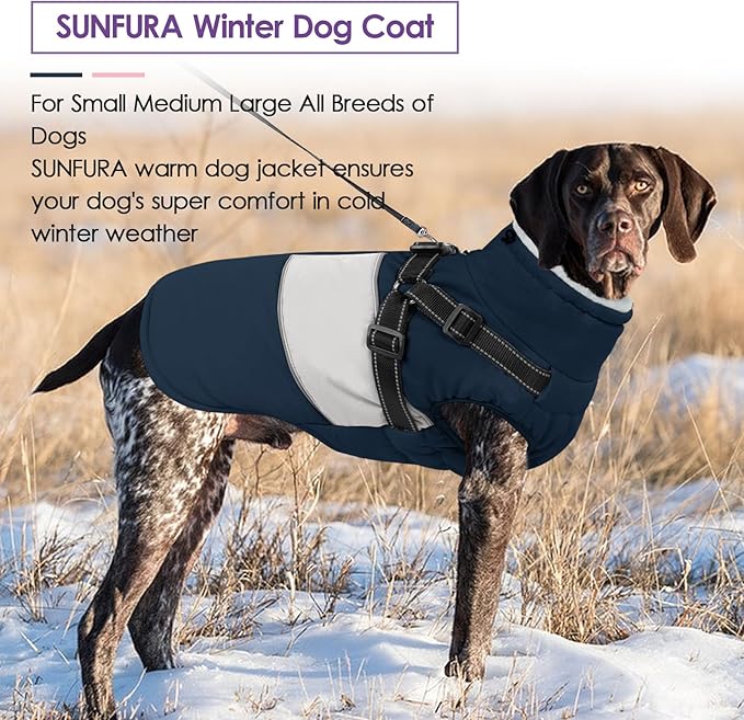 SUNFURA Dog Winter Coat, Waterproof Dog Coat Jacket with Harness for Medium Dogs Boys Girls, Reflective Fleece Lined Pet Snow Jacket Sweaters for Pug, Jack Russel, Boston Terrier, Navy Blue M