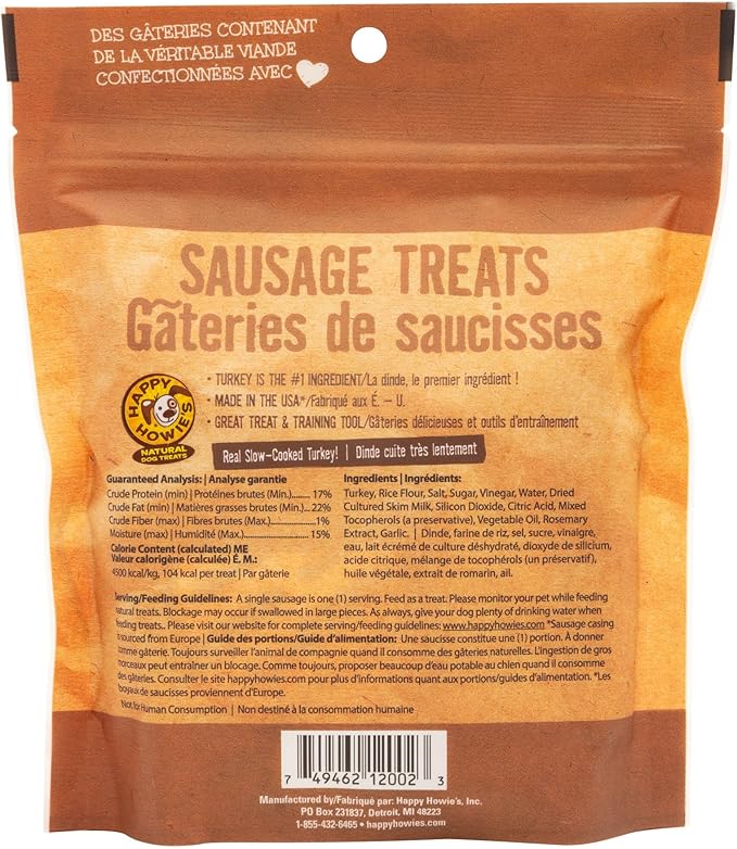 Happy Howie's Sausage Treats - Healthy Dog Treats, Flavorful, Slow Cooked, Natural Ingredients, Chewy, Hormone Free - Turkey, (Pack of 3)