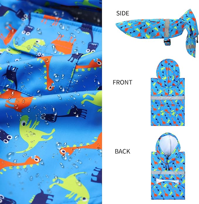 NACOCO Large Dog Raincoat Adjustable - Pet Dinosaurs Water Proof Clothes Lightweight Rain Jacket Poncho Hoodies with Strip Reflective Blue (XXL, Blue Dinosaur)
