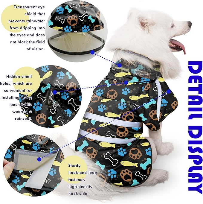 Dog Raincoat, Adjustable Rain Jacket with Hooded Double Layer for Large Medium Small Dogs Puppies, Lightweight Waterproof Rain Coat Poncho with Reflective Stripe Paw Print Black,L