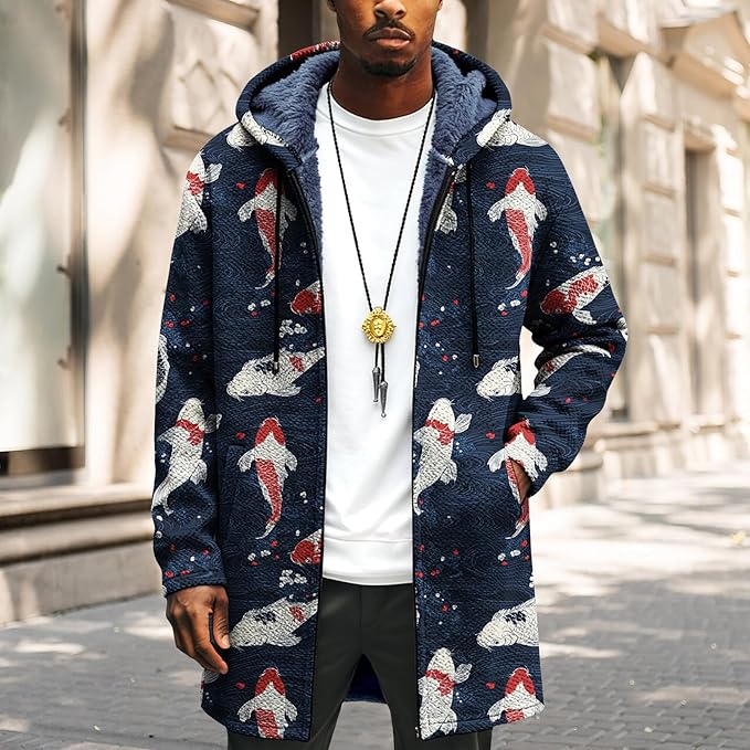 Mens Long Cardigan Hoodies Full Zip Fleece Lined Jackets Fashion Knitted Color Block Hooded Coat with Pockets