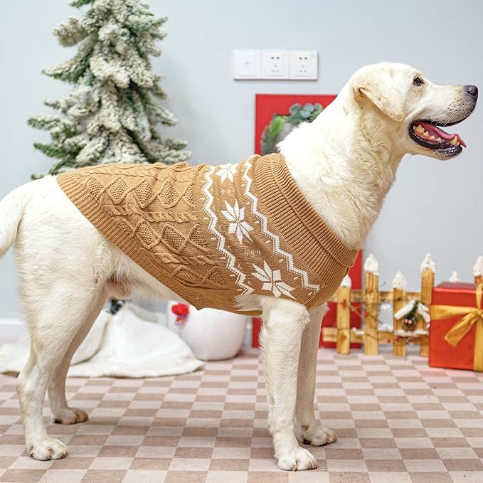 Warm Winter Dog Sweater - Cold Weather Pet Clothes for Small Medium Large Dogs Indoor Outdoor, Soft Classic Knit Puppy Apparel, Khaki, L