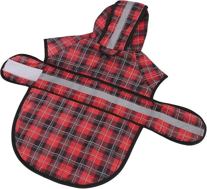HDE Dog Raincoat Jacket Reflective Adjustable Hooded Pet Poncho Rain Coat with Leash Hole for Small to X-Large Dogs Plaid - L