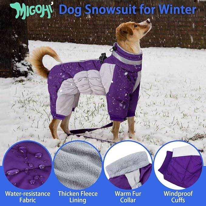 MIGOHI Full Body Dog Coat - Warm Reflective Winter Coat for Medium Dogs with Harness,Turtleneck Dog Fleece Jacket,Four-Leg Windproof Puffer Jackets Snowsuit with Zipper for Small Medium Large Dogs,M