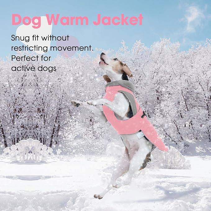 Nanaki Dog Coat Jacket for Large Dogs Winter Waterproof, Warm Fleece Lining Furry Collar Large Dog Jacket with Leash Hole, Reflective Cold Weather Pet Jacket Outdoor Walking Hunting,Easy On Pink 3XL