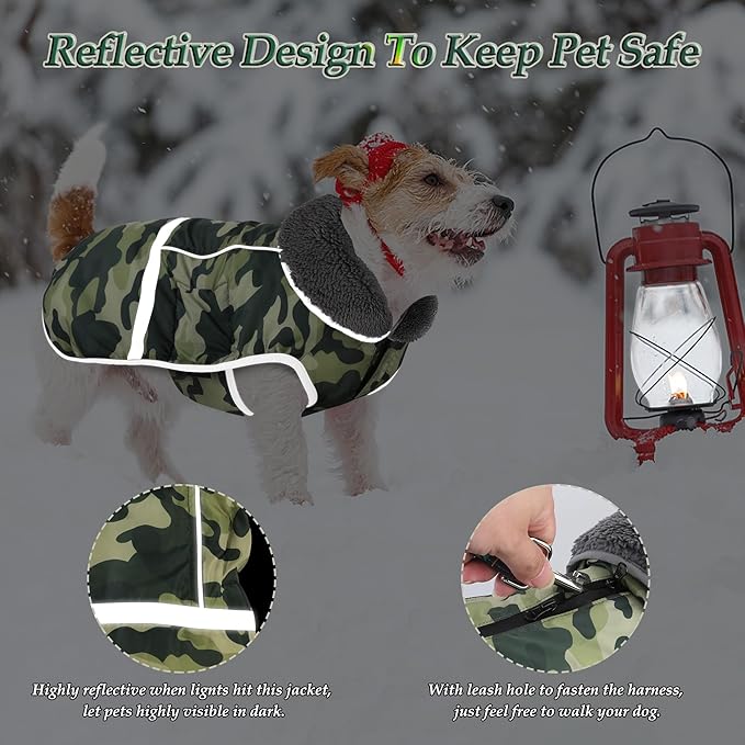 Dogcheer Warm Dog Coat, Waterproof Dog Jacket Reflective Adjustable Puppy Winter Coat with Buckle, Christmas Pet Snow Jacket Turtleneck Fleece Sweater for Small Medium Large Dogs- Camo Green, 3XL