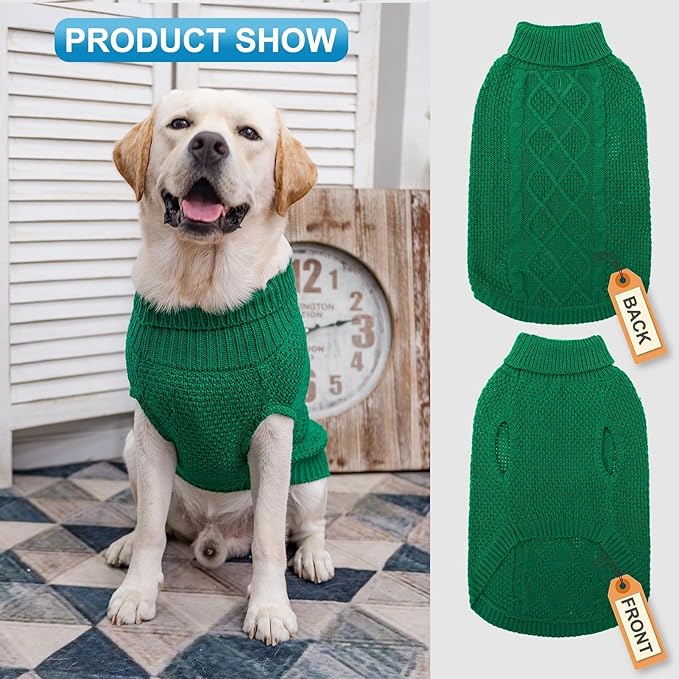 Mihachi Turtleneck Dog Sweater - Winter Coat Apparel Classic Cable Knit Clothes with Leash Hole for Cold Weather, Ideal Gift for Pet in New Year Green X-Large