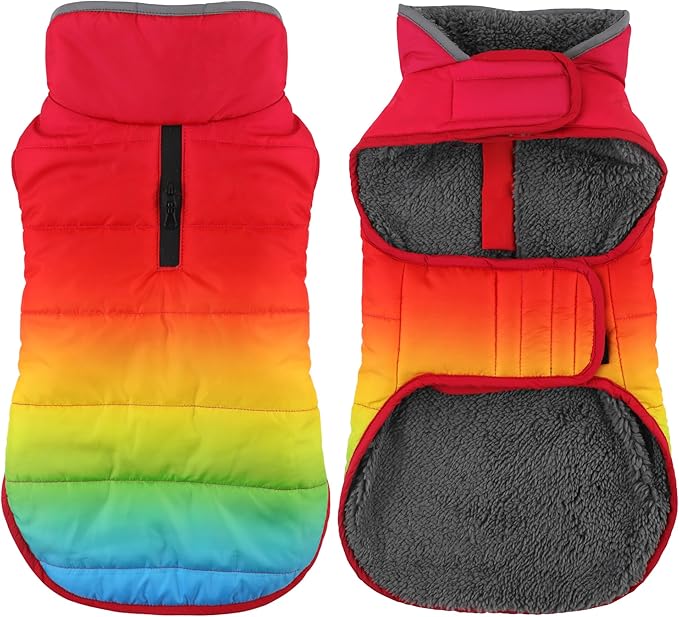 Dog Winter Coat, Waterproof Dog Jacket with Leash Hole, Reflective Adjustable Pet Snow Vest, Warm Fleece Sweater for Small Medium Large Dogs - Rainbow, XS