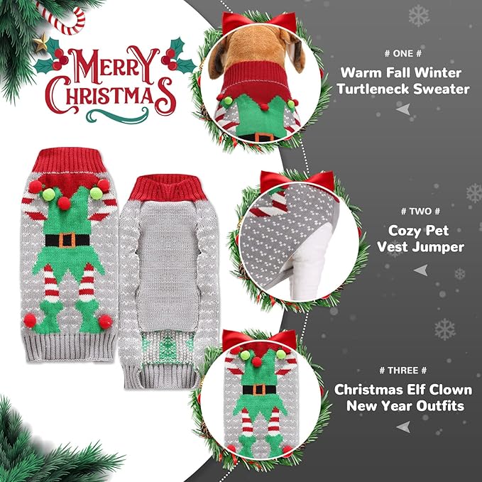 PETCARE Dog Christmas Sweater Ugly Elf Clown Cat Sweater Vest Pet Jumper Grey Green Holiday Dog Clothes Puppy Sweaters for Small Medium Large Dogs Cats Fall Winter Outfits Xmas Dogs Costume,X-Small