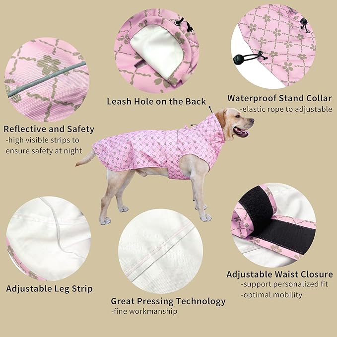 Adjustable Waterproof Dog Raincoat for Dogs,Lightweight Pet Rain Jacket Puppy Clothes with Reflective Strip for Small Medium Large Dogs(Small,Gold Cheery Blossoms Pink)
