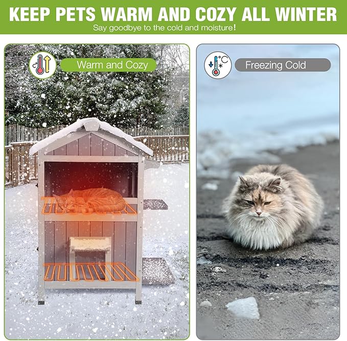 GUTINNEEN 2-Story Heated Cat House for Outside Large Insulated Cat House Outdoor Weatherproof Feral Cat Shelter with Heated Pad, Insulated All-Round Thermal Liner for 1-4 Cats