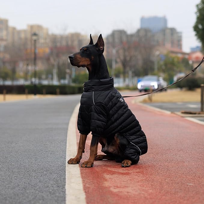 Lovelonglong Dog Coat Dog Warm Jacket, 4 Legs Covered Waterproof Windproof Reflective Warm Dog Vest, Zippered Adjustable Outdoor Dog Snow Jacket for Small Medium Large Dogs Black XL