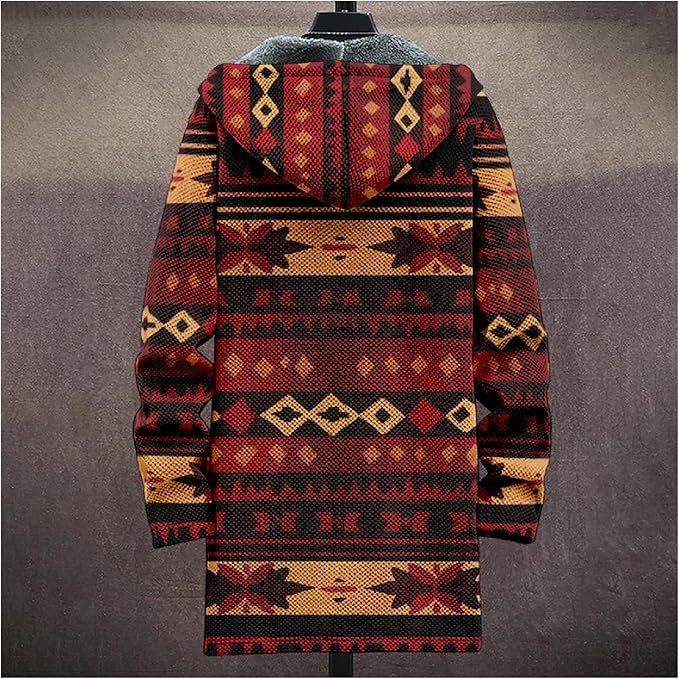 Mens Aztec Print Hoodie Heavyweight Cotton Fleece Jacket Zip Up Warm Long Sleeve Hooded Winter Midi Coat