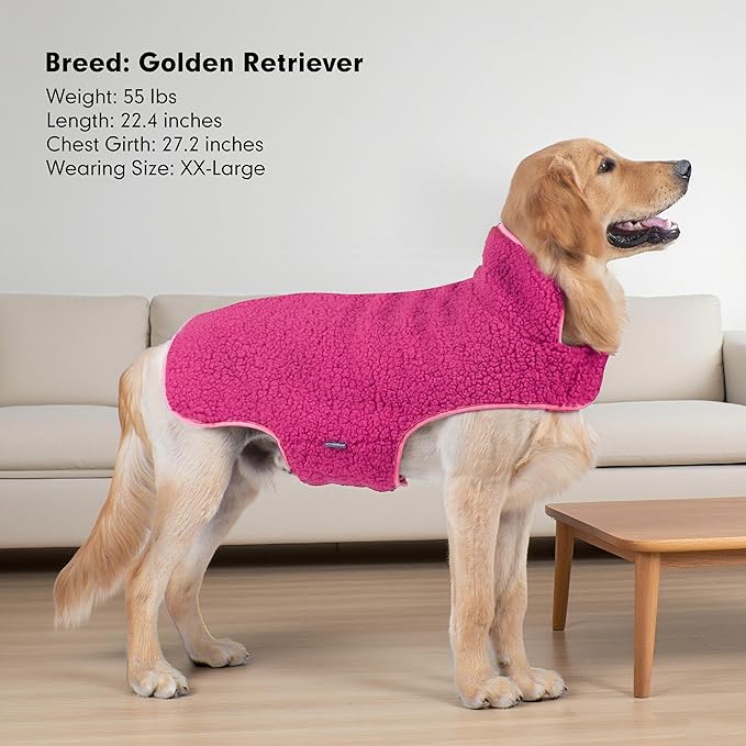 cyeollo Warm Dog Coat Sherpa Dog Winter Coat, Reversible Fleece Doggie Jackets Sweater Vest for Small Dogs Male with Leash Hole, Soft Cold Weather Pet Coats, Fuchsia S