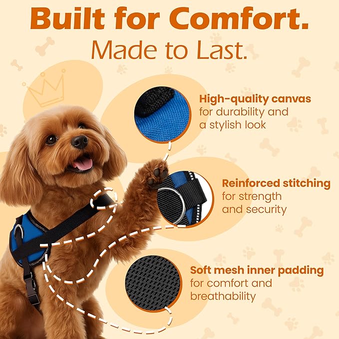 Bark Appeal Blue No-Pull Dog Harness for XS to Small Sized Pets – Adjustable, Reflective Vest with 3 Leash Clips for Added Control, Easy Walks & Training – Small