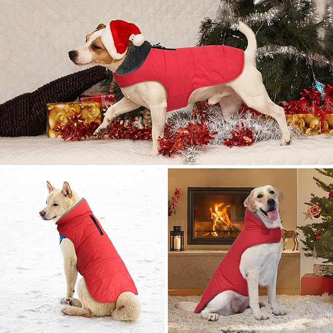 Dog Winter Coat, Waterproof Dog Jacket with Leash Hole, Reflective Adjustable Pet Snow Vest, Warm Fleece Sweater for Small Medium Large Dogs - Red, XL