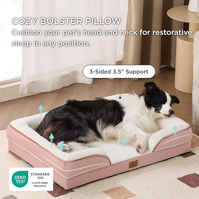 Bedsure Orthopedic Dog Beds Large Sized Dog - Washable Large Dog Cat Bed Waterproof, Comfort Dogs Couch Sofa with Washable Removable Cover, Pet Bed with Nonskid Bottom, Pink, 35"