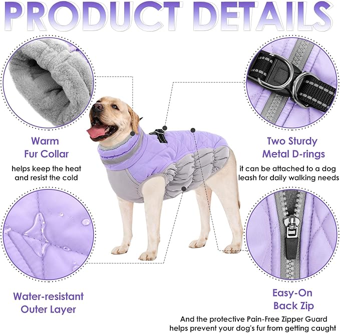 AOFITEE Dog Coat, Warm Dog Winter Coat for Large Dogs, Reflective Turtleneck Dogs Jacket with Harness Built in, Waterproof Windproof Pet Puffer Jacket Fleece Vest for Cold Weather, Lilac XXXL