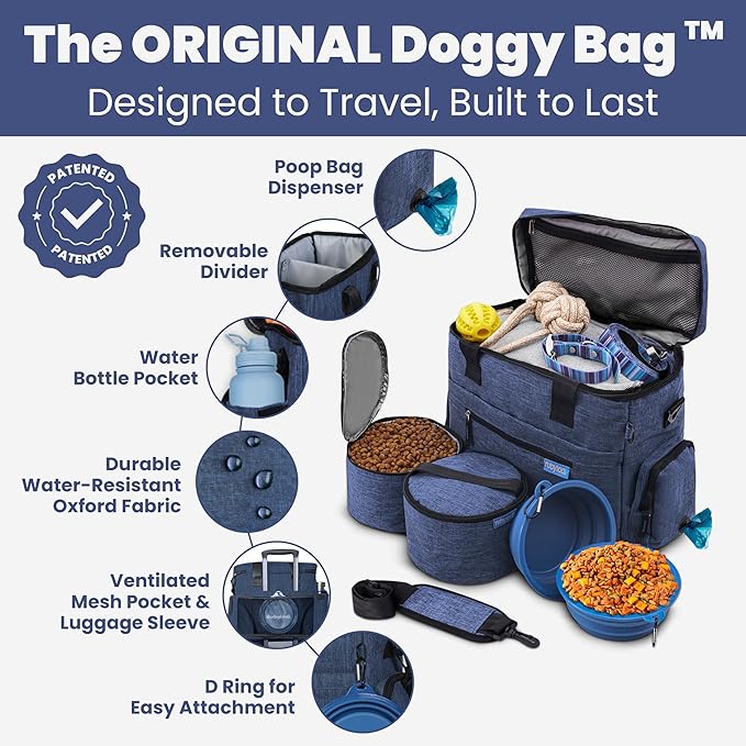The Original Doggy Bag™ - Complete Dog Travel Bag for Supplies with 2 BPA-Free Travel Dog Bowls & 2 Pet Food Containers - Traveling Kit for Road Trips, Camping, Weekend Away or Doggy Gift - Navy