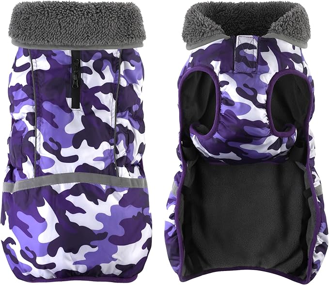 Dogcheer Warm Dog Coat, Waterproof Dog Jacket Christmas Puppy Winter Coat with Buckle, Reflective Adjustable Pet Snow Jacket Turtleneck Fleece Sweater for Small Medium Large Dogs - Camo Purple, 2XL