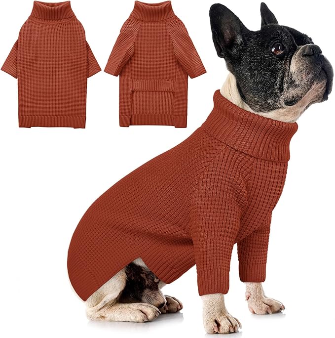 Queenmore Dog Sweaters for Medium Dogs Girl, Waffle Knit Dog Sweater with Long Sleeve, Doggie Kintsweaters, Cat Christmas Sweaters, Saddle Brown M