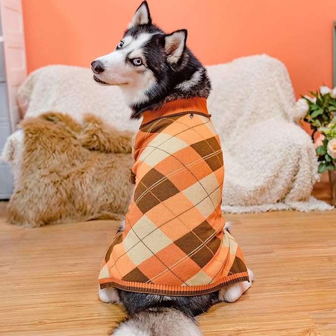 KOOLTAIL Fall Dog Sweater Pet Knitted Clothes - Thanksgiving Classic Plaid Pullover Turtleneck Dog Sweaters with Leash Hole, Thick Cold Weather Pet Outfits for Small Medium Large Dogs Cats Puppy, ML