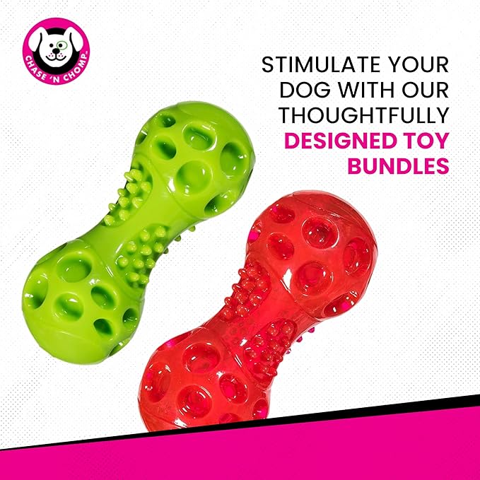 Chase 'n Chomp Squeak and Light Up Dumbbell Dog Toy, Mental & Physical Stimulation, Small, 2 Pack