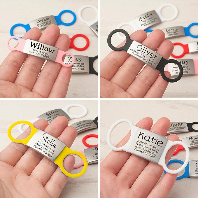 Anavia Slide On Silent Pet ID Tags, S/M/L/XL Personalized Multi-Color Silicone Band Cat Dog Name Tags, Customized Engraved Stainless Steel, Chew-Proof Quiet Dog Collar Tags (X-Large, Black)