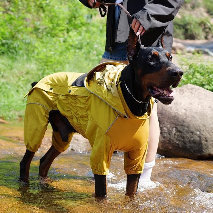 LOVELONGLONG Fleece-Lined Dog Raincoat with Removable Hood – Waterproof Winter Full Body Dog Jacket – Windproof Snowproof Cold-Weather Suit – Yellow-F M