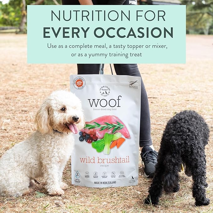 The New Zealand Natural Pet Food Co Woof Wild Brushtail Freeze Dried Raw Dog Food, Mixer, or Topper, or Treat - High Protein, Natural, Limited Ingredient Recipe - 9.9 oz