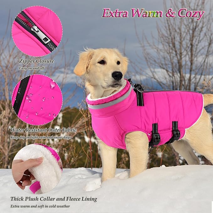Dogcheer Dog Coat, Waterproof Dog Jacket with Harness, Reflective Adjustable Puppy Winter Coat with Zipper, Christmas Pet Snow Jacket Clothes for Small Medium Large Dogs - Pink XL