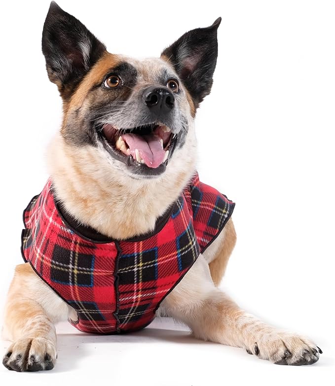Goldpaw Duluth Double Fleece Dog Sweater Vest for Medium Dogs - Soft, Stretchy Dog Fleece - Warm Pet Jacket for Fall and Winter - Premium Pet Outerwear - Machine Washable - Red Tartan/Black - Size 20