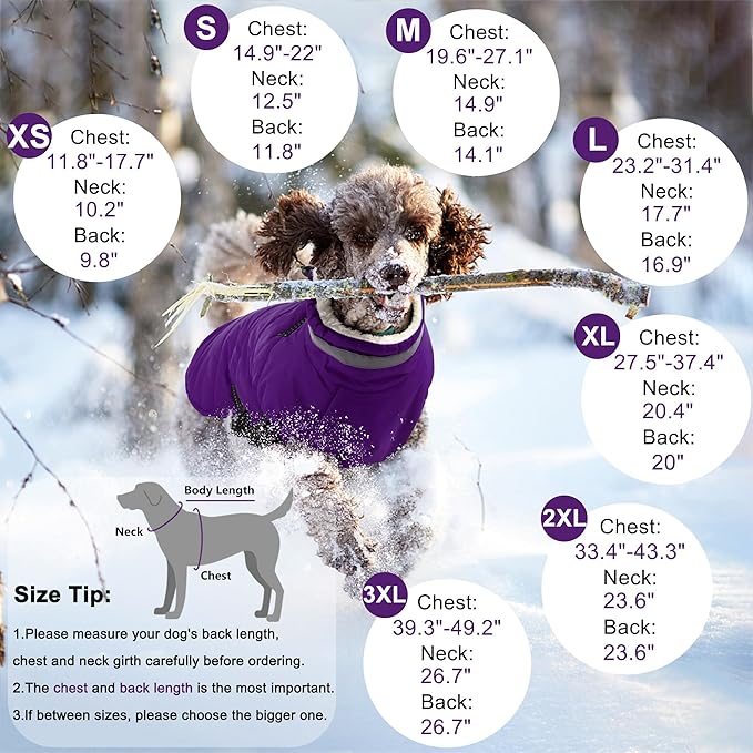 Dogcheer Dog Coat with Harness, Waterproof Dog Jacket Adjustable Pet Winter Coat with Zipper, Christmas Puppy Snow Jacket Fleece Sweater for Small Medium Large Dogs - Purple XL
