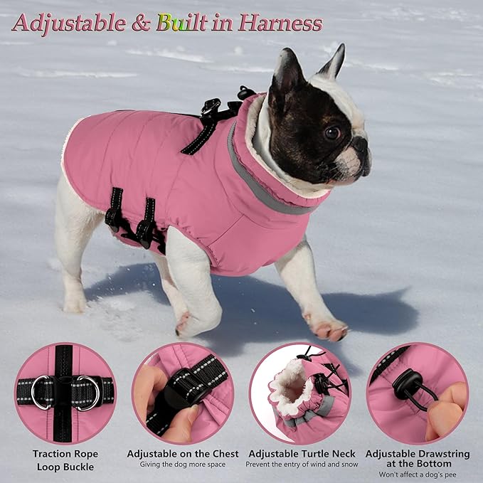 Dogcheer Dog Coat with Harness, Waterproof Dog Jacket Adjustable Winter Coat with Zipper, Christmas Puppy Snow Jacket Fleece Sweater for Small Medium Large Dogs - Light Pink 3XL
