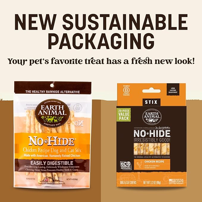 Earth Animal No Hide Stix - Long Lasting Rawhide Free Small Dog Chews Sticks, Chicken - 20 Count Value Pack