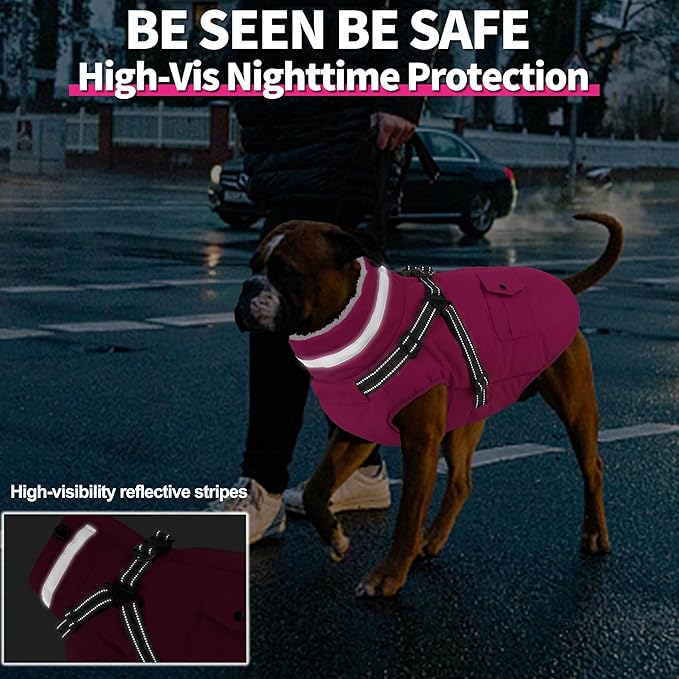 Dogcheer Dog Coat with Harness, Waterproof Warm Dog Winter Jacket with Pockets, Reflective Pet Fleece Jacket Turtleneck Snowsuit for Small Medium Large Dogs - Pink, 3XL