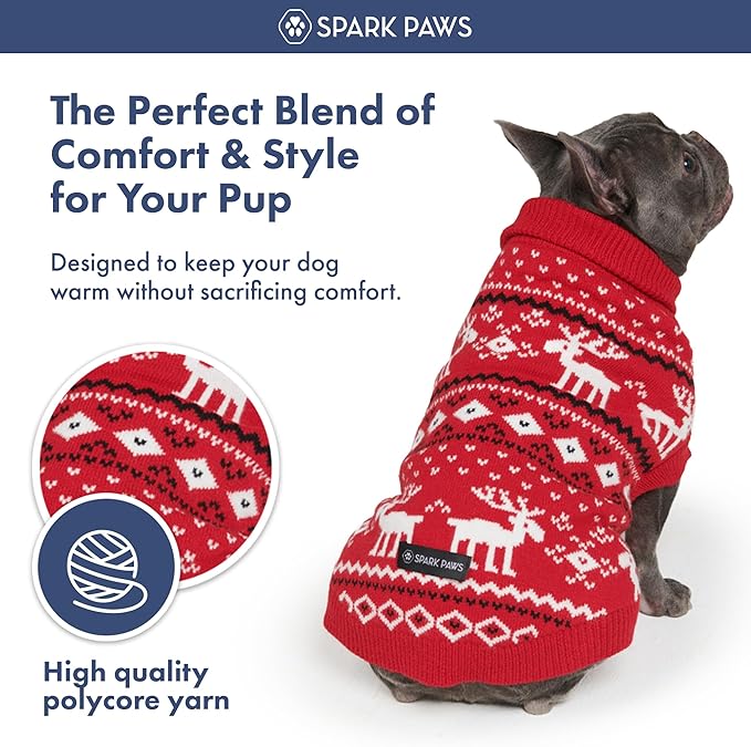 Spark Paws Christmas Dog Sweater – Ultra Soft Holiday Knit Sweater for Small, Medium & Large Dogs, Cute Pet Sweater for French Bulldogs & Big Dogs, Easy Potty V Cut Design Jacket - (Dasher Red,S)