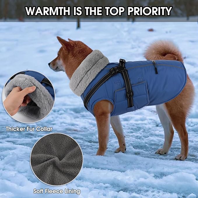PETDSH Dog Coat Large, Built-in Harness Dog Jacket with Warm Fleece Lining, Waterproof Reflective Dogs Winter Coat, Pet Coats with Pocket and Trash Bags (Navy Blue, XX-Large)
