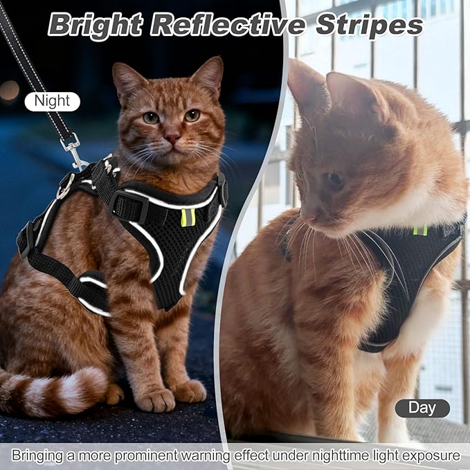 Kitten Cat Harness and Leash Set, Escape Proof Soft 4-Adjustable Cat Walking Vest Harness, Reflective Strips in Harness for Kitty Puppy Bunny Car Travel, with Car Seatbelt Leash (Black, XS)