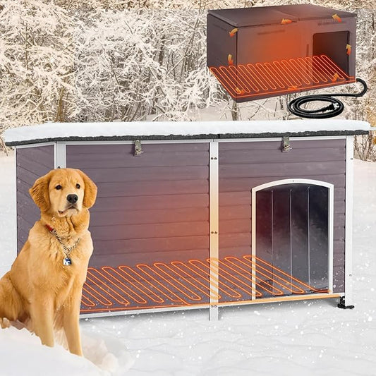 Aivituvin Large Heated Dog House, Outdoor Kennel with Insulation Liner, 59 Inch, Iron Frame Construction, Winter Weatherproof Design, Built-in Heater，Grey