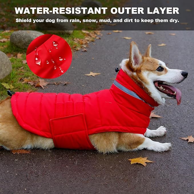 Dog Coat, Waterproof Winter Jacket, Warm Windproof Vest, Reflective Adjustable Turtleneck Coats for Medium and Large Dogs with Hook & Loop - Red - L