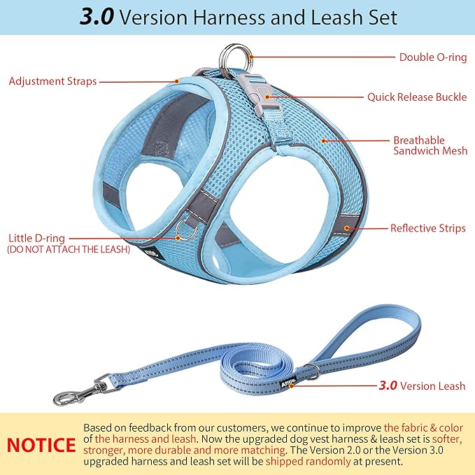 AIITLE Dog Harness, Summer No-Pull Cat Harness with a Leash, Adjustable Reflective Dog Vest, Cat Harness Escape Proof, Outdoor Walking, Camping for Extra Small Dogs and House Cats Pure Blue XXXS